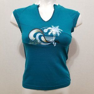 Lost top Medium tropical wave palm tree bird logo notch v-neck graphic VINTAGE